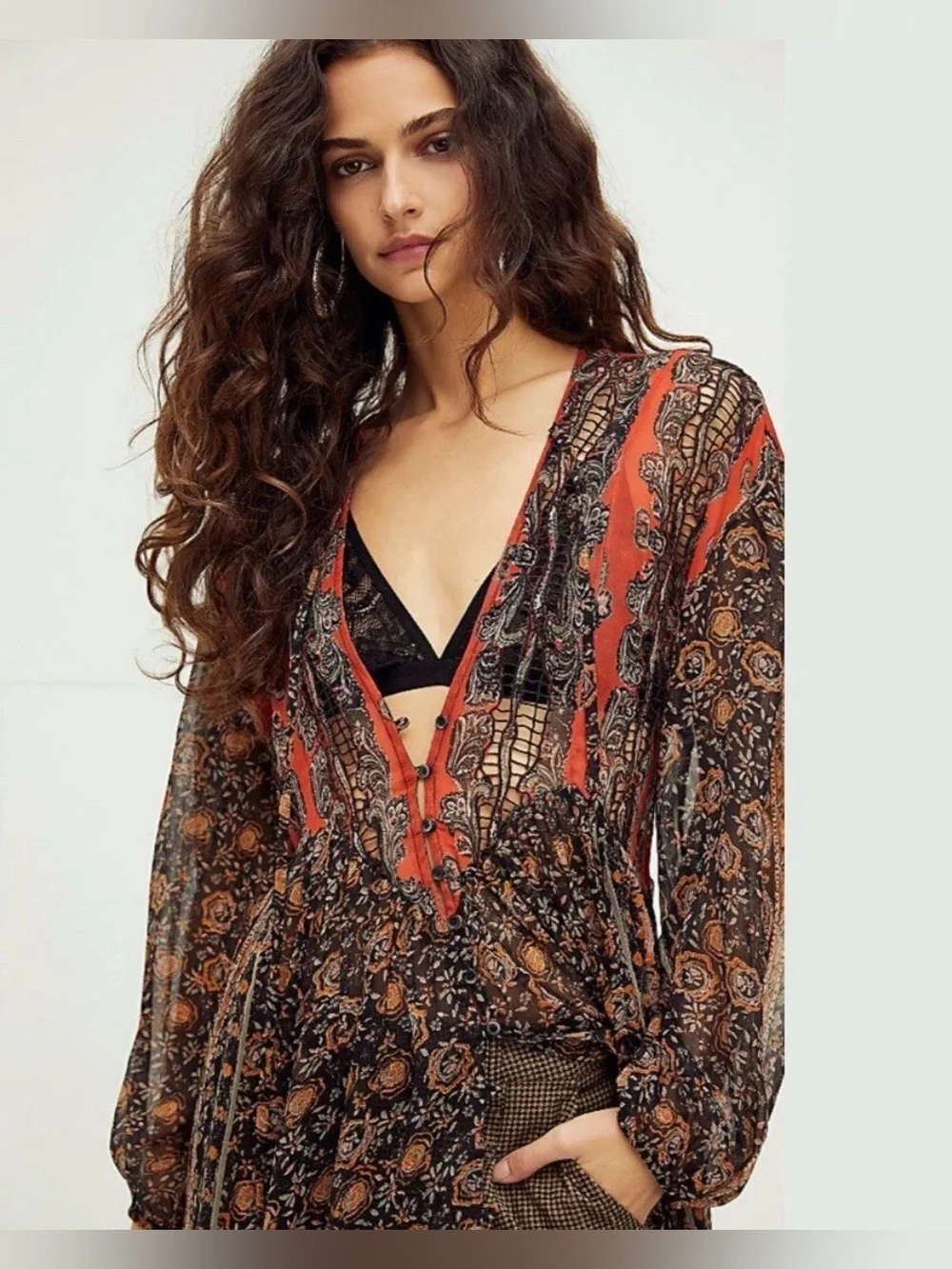 Free People Free Flowing Duster Maxi Cardigan Sheer Patchwork M